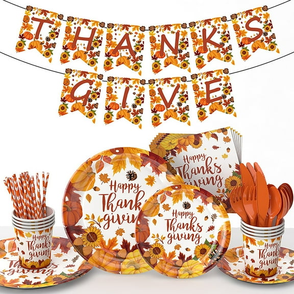 Thanksgiving Tableware Set Party Supplies, Fall Decorations Disposable Dinnerware Serves for 24 Guests, Include Plate, Cup, Napkin, Knife, Fork, Spoon, Straws