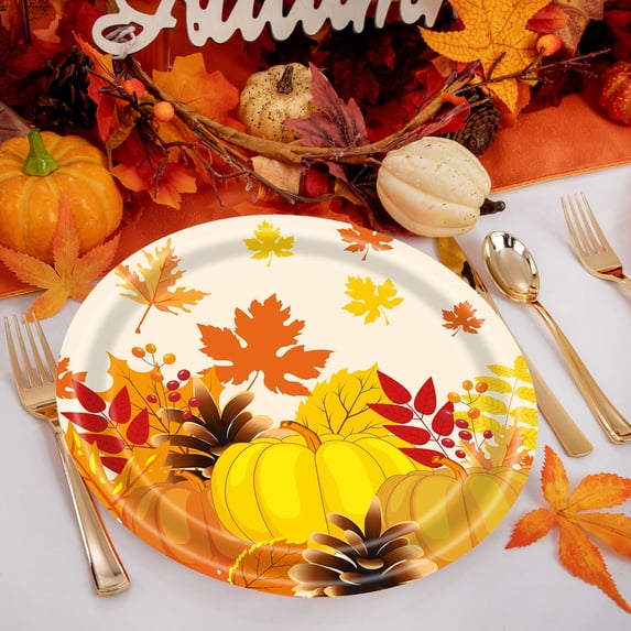 Thanksgiving Tableware Set, Plates, Napkins & Cups with Maple Leaf & Pumpkin Design