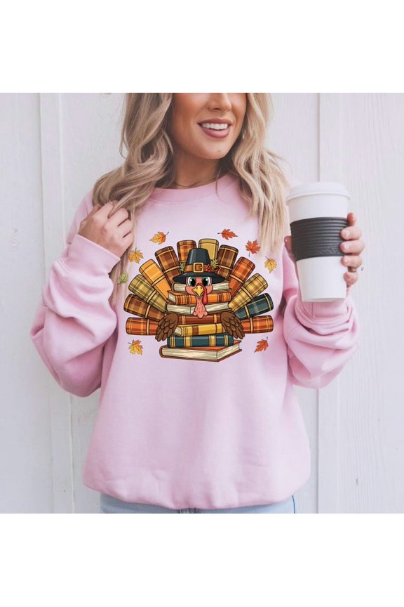 Thanksgiving Teacher Sweatshirt – Turkey Librarian Book Lover Pullover, Cute Fall School Crewneck, Teacher Appreciation Gift, Cozy Autumn Top
