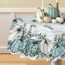 Thanksgiving Teal White Pumpkin Patch Round Tablecloth 60 x 60 Inch, Autumn Eucalyptus Leaves Decorative Table Cloth Dining Table Cover, Blue Plaid Fall Farmhouse Dinner Party Decoration