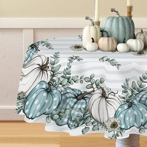 Thanksgiving Teal White Pumpkin Patch Round Tablecloth 60 x 60 Inch, Autumn Eucalyptus Leaves Decorative Table Cloth Dining Table Cover, Blue Plaid Fall Farmhouse Dinner Party Decoration