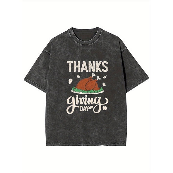 Thanksgiving Tee Black S-2XL Roasted Turkey Graphic Short Sleeve Cotton T-Shirt Top Holiday Casual Plus Size