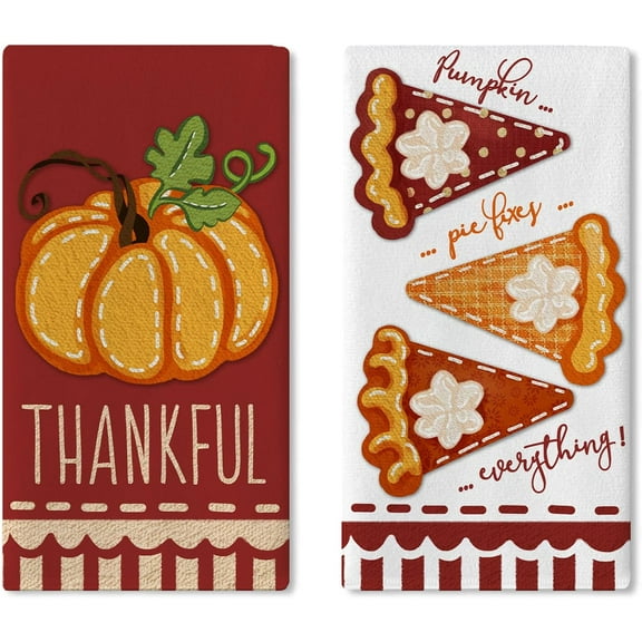 Thanksgiving Thankful Kitchen Dish Towels Set of 2, Fall Pumpkin Pie Fixes Everything Hand Towels Baking Cooking Cloth, Autumn Seasonal Home Kitchen Decoration 18 x 26 Inch