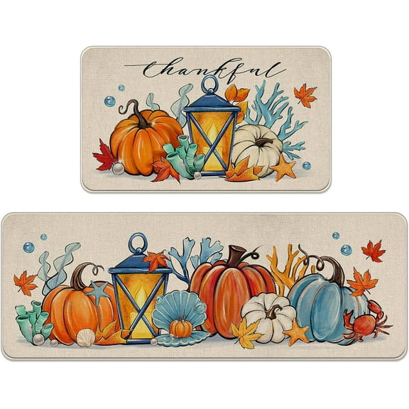 Thanksgiving Thankful Pumpkin Kitchen Rugs Set of 2, Fall Beach Coastal Lantern Kitchen Mats Decor, Autumn Seasonal Nautical Floor Door Mat Home Decorations - 17x30 and 17x47 Inch