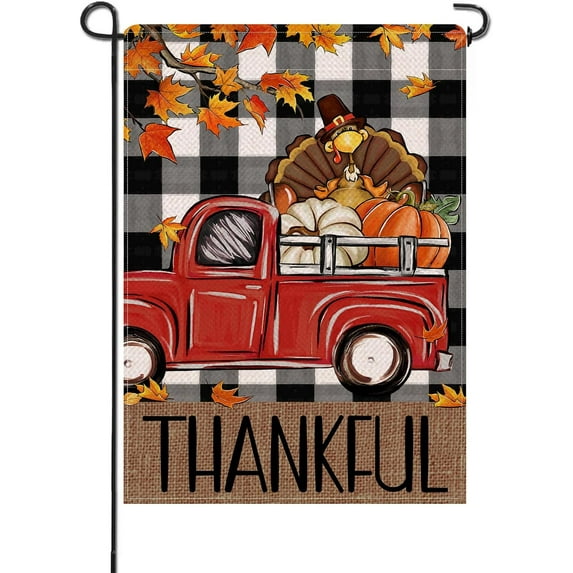 Thanksgiving Thankful Truck Turkey Small Decorative Garden Flag, Fall Autumn Pumpkin Maple Leaves Yard Lawn Outside Decor, Buffalo Plaid Check Farmhouse Outdoor Home Decoration 12 x 18