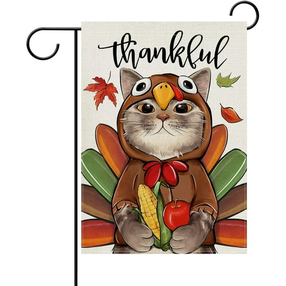 Thanksgiving Thankful Turkey Cat Decorative Garden Flag, Fall Harvest Pet Yard Outside Home Decorations Cat Lover Gifts, Autumn Seasonal Burlap Outdoor Small Decor Double Sided 12 x 18