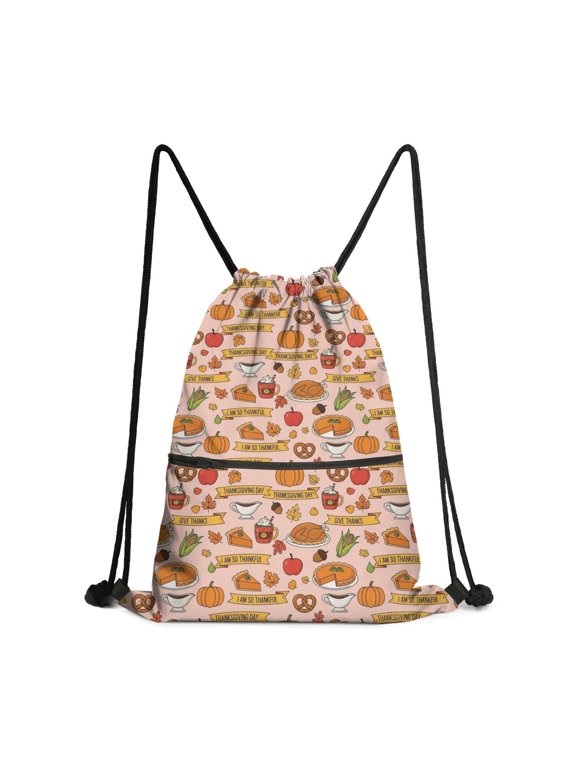 Thanksgiving Thanksgiving Day Text Food Drawstring Backpack,Waterproof Beach Drawstring Tote with Front Zipper Pocket & Drawstring Closure, Lightweight Portable Gifts for Beach Picnic Hiking Camping