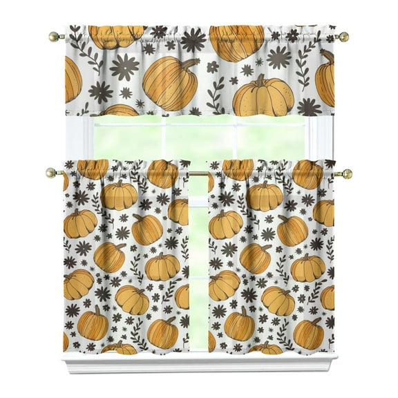 Thanksgiving Theme Fall Decor Kitchen Curtains 3-PC Set Pumpkin Maple Leaf Pattern Rustic Style