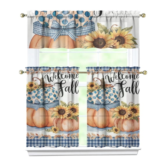 Thanksgiving Theme Kitchen Curtains 3-PC Set Pumpkin Pattern Rustic Fall Style Rod Pocket Design