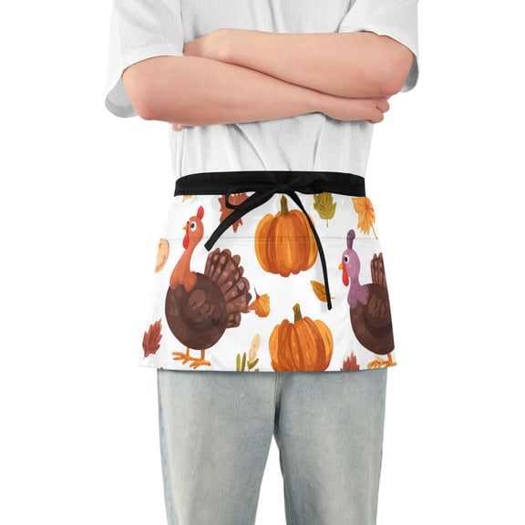 Thanksgiving Theme Pattern Turkey Pumpkin Leaves Short Server Apron with 3 Pockets for Unisex Chef Gardening