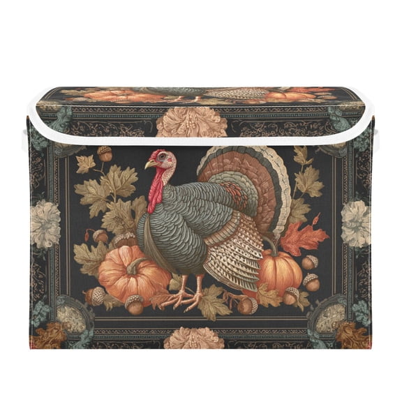 Thanksgiving Theme Turkey in The Frame Foldable Storage Bins with Lids Handles Collapsible Storage Containers Tote Boxes 16.5 x 12.6 x 11.8 inches
