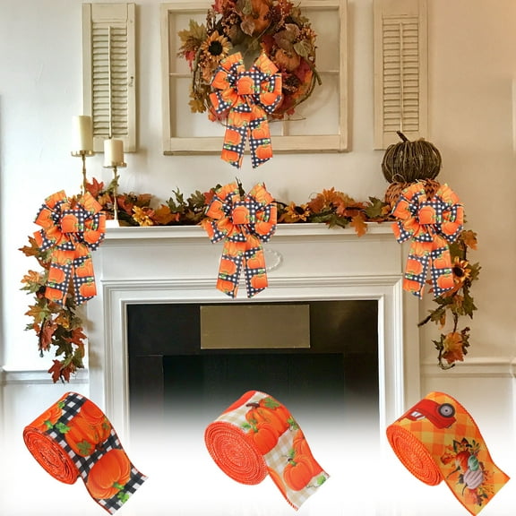 Thanksgiving Themed Decorative Ribbon – 2.48in*6.56ft Yellow Maple Leaf, Pumpkin & Plaid Edge Patterns, for Holiday Crafting, Gift Wrapping, Wreath Making & Table Decor, Easy Styling, A