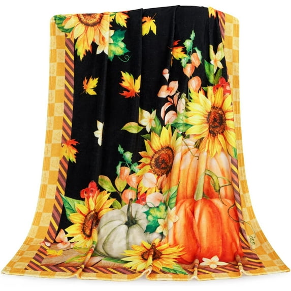 Thanksgiving Throw Blanket, Fall Sunflower Blanket Throw for Couch, Orange Autumn Pumpkin Blanket for Adults Kids Parent, Large Warm Bed Napping Fall Blanket for Sofa Bedroom, 50" x 60"