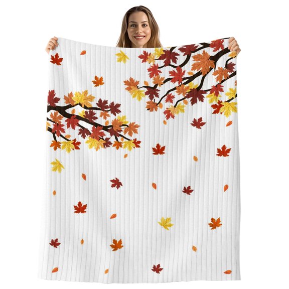 Thanksgiving Throw Blanket, Flannel Fleece Blanket with Striped Design for Couch, Fall Maple Lea Farmhouse Autumn Soft Breathable All Season Plush Blankets for Sofa Office Bed 50"x60"