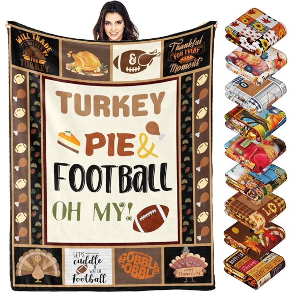 Thanksgiving Throw Blanket Gifts for Kids Adults Family, Fall Turkey Football Decorative Blankets Flannel Throws for Bed Couch 30"X40"