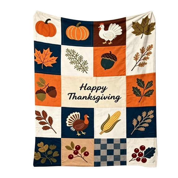 Thanksgiving Throw Blanket, Happy Thanksgiving Turkey Pumpkin Maple Leaves Patchwork Print Soft Flannel Fleece Blanket, Warm Cozy Fall Blanket for Couch Bed Sofa, Holiday Gift
