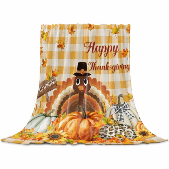 Thanksgiving Throw Flannel Blanket 32x48In Turkey Maple Leaf Pumpkin Sunflower Orange Plaid Super Soft Cozy Bed Blanket, Lightweight Plush Fuzzy Bed Throw for Bedroom Sofa Couch Living Room