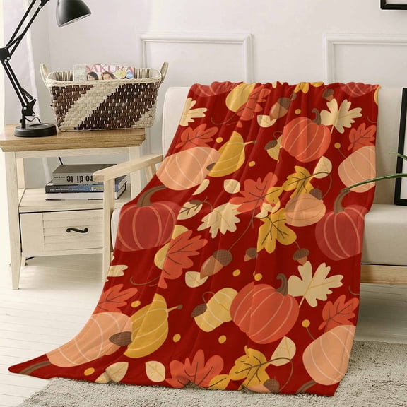 Thanksgiving Throw Flannel Blanket 40x50In Cartoon Pumpkin Maple Leaf Fall Red Orange Super Soft Cozy Bed Blanket, Lightweight Plush Fuzzy Bed Throw for Bedroom Sofa Couch Living Room