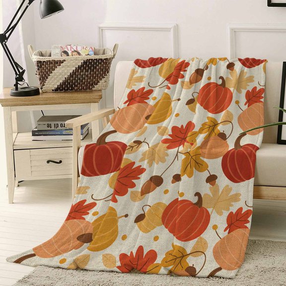 Thanksgiving Throw Flannel Blanket 40x60In Cartoon Pumpkin Maple Leaf Fall Farm Super Soft Cozy Bed Blanket, Lightweight Plush Fuzzy Bed Throw for Bedroom Sofa Couch Living Room