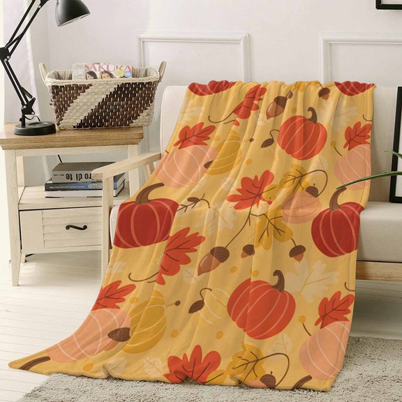 Thanksgiving Throw Flannel Blanket 60x80In Cartoon Pumpkin Maple Leaf Fall Super Soft Cozy Bed Blanket, Lightweight Plush Fuzzy Bed Throw for Bedroom Sofa Couch Living Room