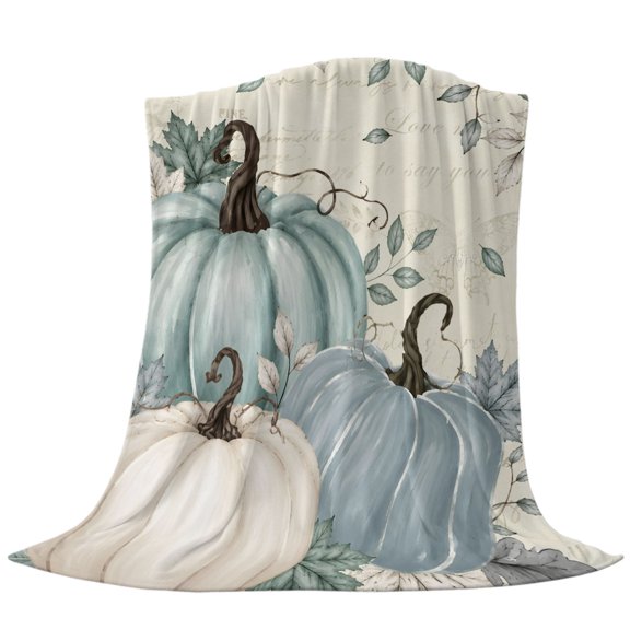 Thanksgiving Throw Flannel Blanket Fall Blue Pumpkin Sage Green Leaf Beige Script Base Super Soft Cozy Bed Blanket, Lightweight Plush Fuzzy Bed Throw for Bedroom Sofa Couch Living Room 30x40in