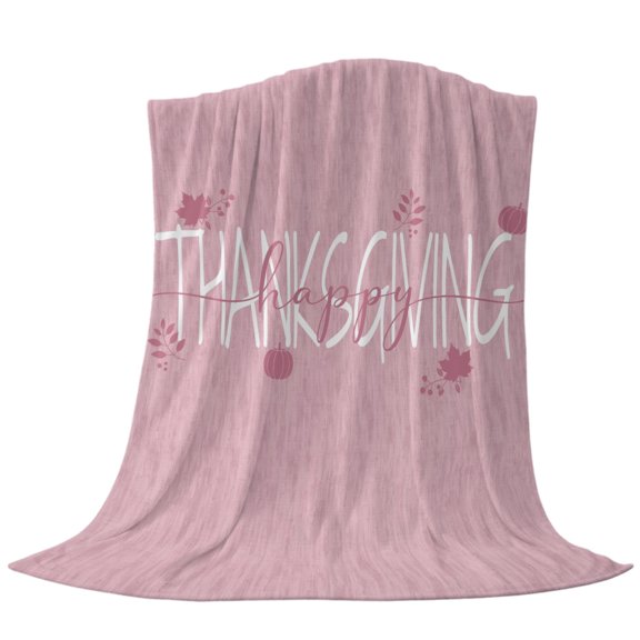 Thanksgiving Throw Flannel Blanket Happy Thanksgiving Script Pink Backdrop Pumpkin Leaf Super Soft Cozy Bed Blanket, Lightweight Plush Fuzzy Bed Throw for Bedroom Sofa Couch Living Room 50x60in