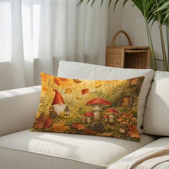 Thanksgiving Throw Pillow Covers, Forest Gnome Toadstool Mushrooms Tree Hollow Rustic Decorative Lumbar Throw Pillowcase Cushion Cover with Smooth Hidden Zipper for Bedroom Sofa 12 x 20 Inches