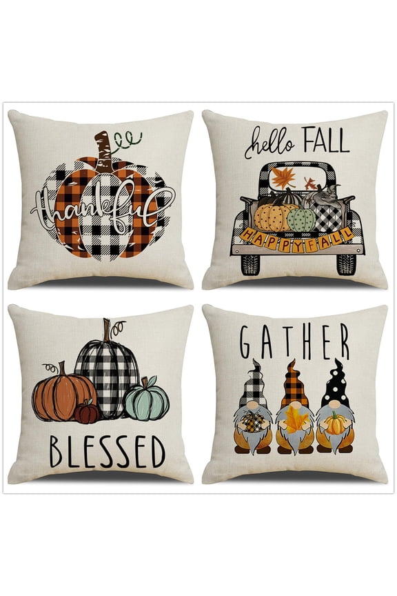 Thanksgiving Throw Pillow Covers for Thanksgiving Decor Farmhouse Buffalo Check Plaid Pumpkin Outdoor Pillows for Thanksgiving day Home Decor 18x18 in, Set of 4