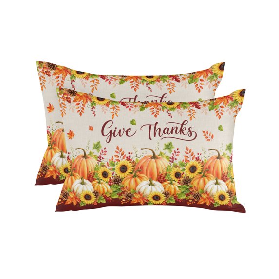Thanksgiving Throw Pillows 12x20 Set of 2, Fall Boho Pumpkin Maple Leaves Sunflowers Waterproof Outdoor Pillow Covers with Insert, Decorative Pillowcase Cushion for Couch, Sofa, Bed, Patio, Garden