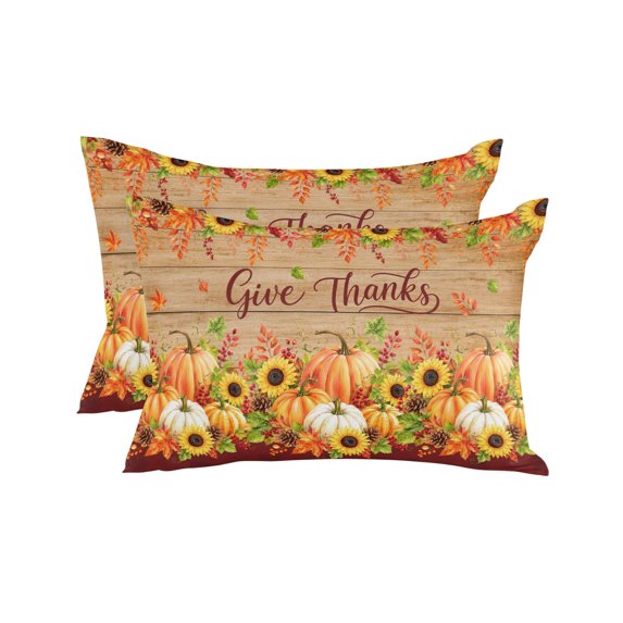 Thanksgiving Throw Pillows 12x20 Set of 2, Fall Pumpkin Maple Cones Sunflowers Wood Grain Waterproof Outdoor Pillow Covers with Insert, Decorative Pillowcase Cushion for Couch, Sofa, Bed, Patio