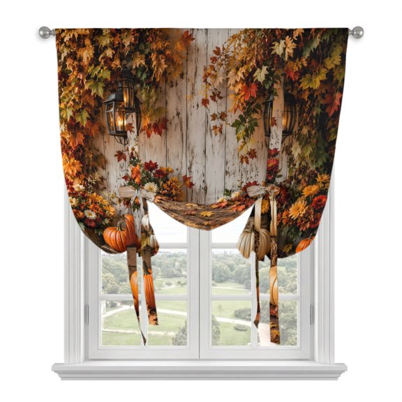 Thanksgiving Tie Up Balloon Window Curtain 34W x 45L Inch, Orange White Pumpkins Wooden Crates Vintage Lanterns Rod Pocket Adjustable Tie Up Curtains Small Kitchen Sink Curtains for Cafe Bedroom