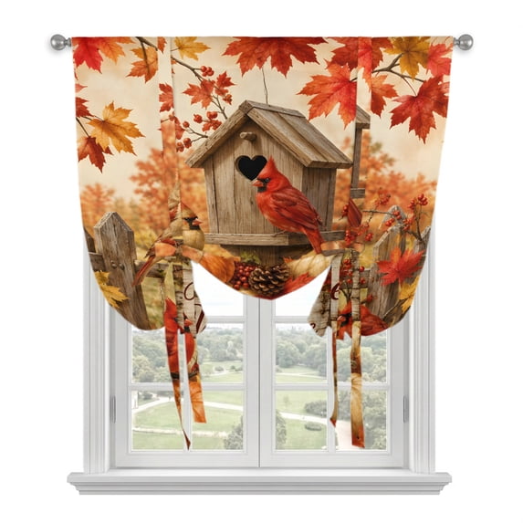 Thanksgiving Tie Up Curtains for Windows, Adjustable Balloon Window Shades, Fall Barn Cardinal Pumpkin Maple Leaves Kitchen Window Treatments Farmhouse Short Curtains with Rod Pocket 42"x45"
