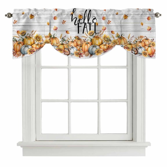 Thanksgiving Tie Up Valance Curtains for Windows, Kitchen Curtains Window Treatments, Autumn Sunflower Pumpkin Grey Wood Grain Short Window Shades Valances for Bedroom Bathroom Cafe 42"x12"
