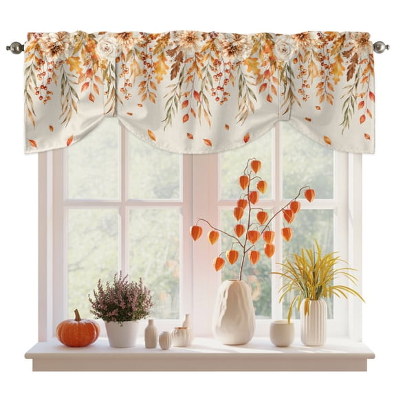 Thanksgiving Tie Up Valance Curtains for Windows, Kitchen Curtains Window Treatments, Country Botanical Eucalyptus Leaves Flowers Short Window Shades Valances for Bedroom Bathroom Cafe 54"x18"