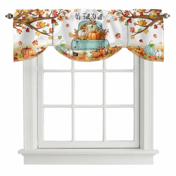 Thanksgiving Tie Up Valance Curtains for Windows, Kitchen Curtains Window Treatments, Farmhouse Fall Truck Maple Leaf Pumpkin Short Window Shades Valances for Bedroom Bathroom Cafe 42"x18"