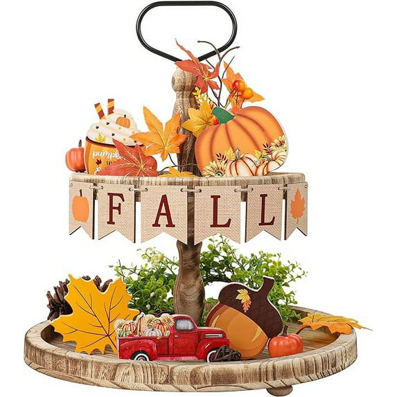Thanksgiving Tiered Tray Decor Set Fall Tiered Tray Centerpiece Wooden Tabletop Signs Pumpkin Truck Spice Blocks Directional Sign Rustic Farmhouse Autumn Harvest Decorations (B)