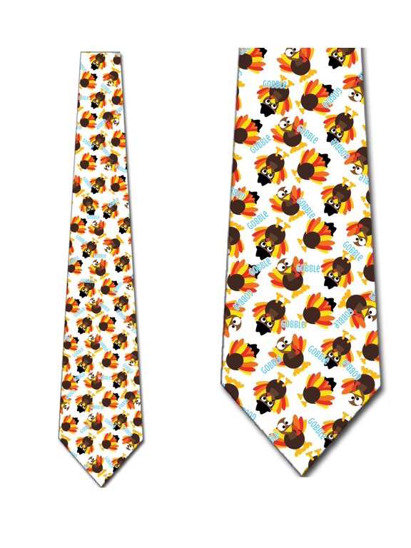 Thanksgiving Ties Mini Gobble Necktie - White Necktie Mens Tie by the Three Rooker Necktie Company