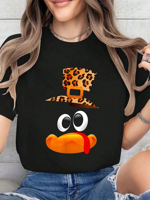 Thanksgiving Top, Funny Turkey Family Thanksgiving Turkey Face Leopard Hat T-Shirt Women'Casual Short Sleeve Crew Neck T-Shirts