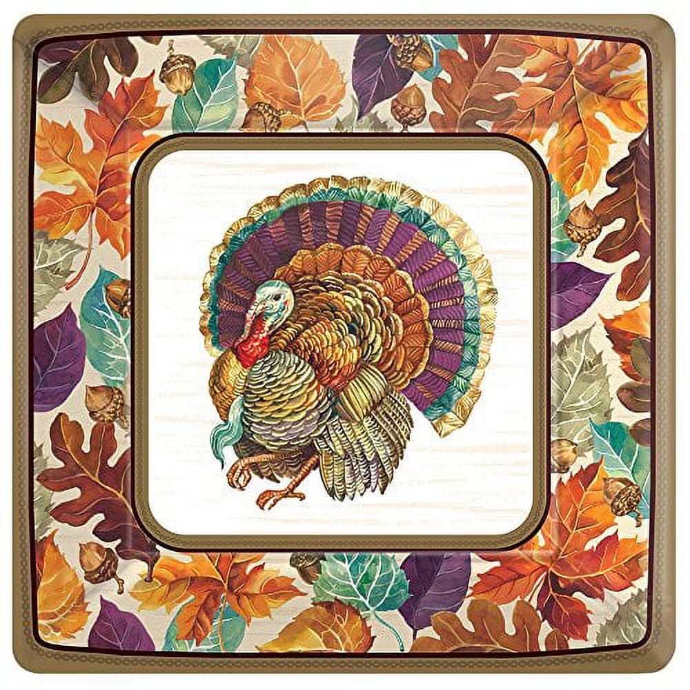 Thanksgiving Traditional Turkey Square Plates, 7", 8 Ct.