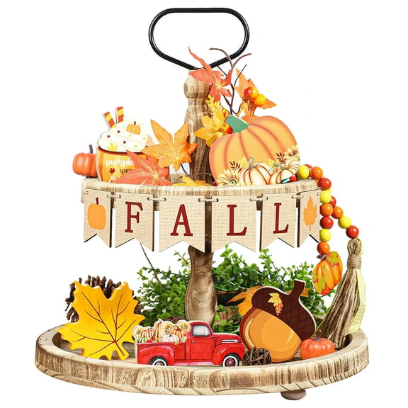 Thanksgiving Tray Decoration Happy Fall Wood Block Autumn Truck Acorn Decorative Ornaments Crafts Layered Pumpkin Maple Leaves Wooden Tabletop Signs