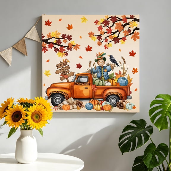 Thanksgiving Truck Canvas Wall Art for Living Room, Fall Scarecrows Maple Leaf Orange Ombre Poster Print Painting for Bedroom Office Home Decoration Wall Pictures Prepare To Hang 8"x8"