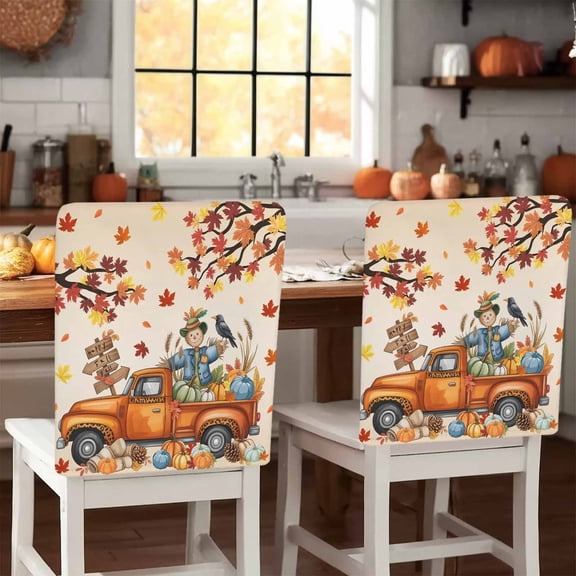 Thanksgiving Truck Chair Covers Set of 1 Fall Scarecrows Maple Leaf Orange Ombre Chair Back Covers Stretch Removable Washable Slipcovers Protector for Dining Room Kitchen Party Decor