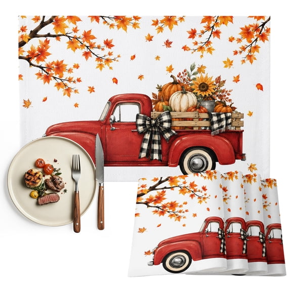 Thanksgiving Truck Placemats Set of 4, Fall Maple Leaves Pumpkins Floral Autum Washable Wipeable Table Mats for Dining Tables, Indoor Outdoor Kitchen Place Mats for Holiday Party Table Decor