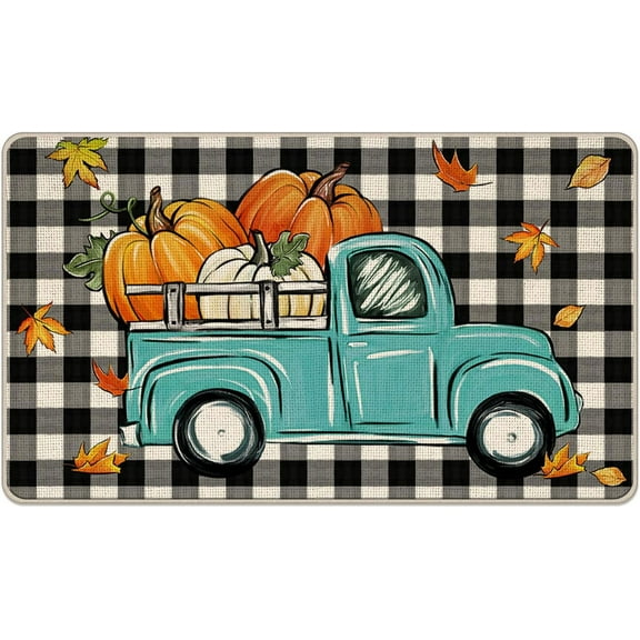 Thanksgiving Truck Pumpkin Decorative Front Door Mat, Fall Maple Leaves Buffalo Plaid Check Doormat Indoor Outdoor Floor Entryway Rug, Autumn Farmhouse Home Kitchen Decoration 17x29 Inch