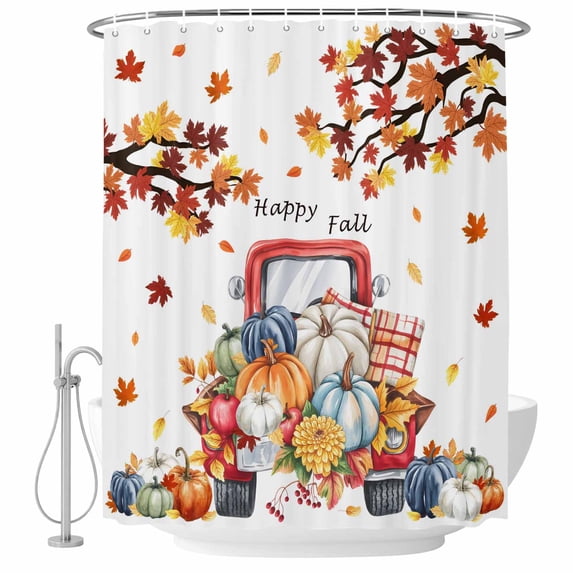 Thanksgiving Truck Shower Curtain, Waterproof Shower Curtains for Bathroom, Autumn Maple Leaf Harvest Pumpkin Washable Fabric Bathtub Curtain Set Bath Decor with 12 Hooks Extra Long 72"x96"