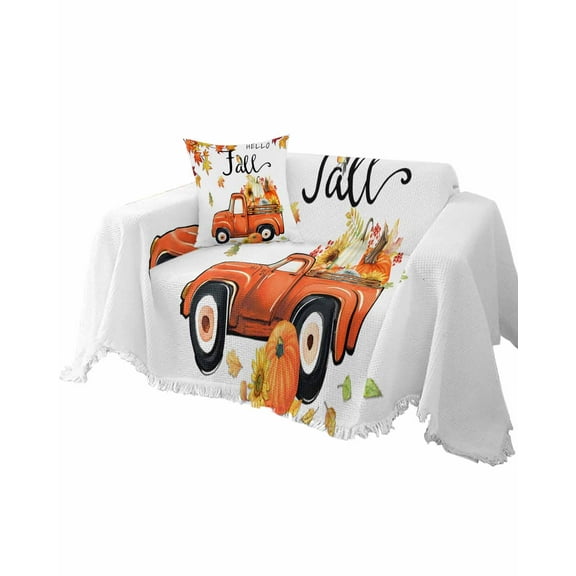 Thanksgiving Truck Sofa Couch Covers for Dog,Washable Sectional Couch Slipcovers for Loveseat with Tassels,Fall Harvest Pumpkin Maple Leaf Non Slip Sofa Throw Cover Blanket Large 71''x102''