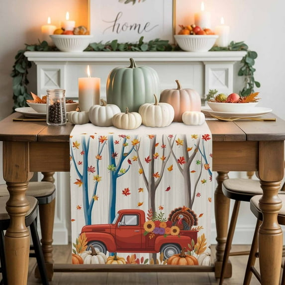 Thanksgiving Truck Table Runner, Autumn Thanksgiving Kitchen Dining Table Decoration for Home Party Decor 13x120 Inches