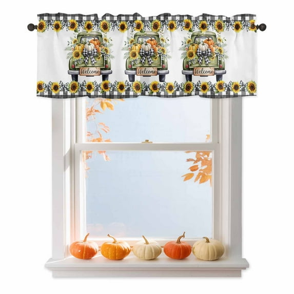 Thanksgiving Truck Valances for Windows, 54 x 18in, Sunflower Pumpkin Welcome Rod Pocket Kitchen Valance Curtain Light Filtering Window Treatments for Living Room Bedroom, 1 Panel