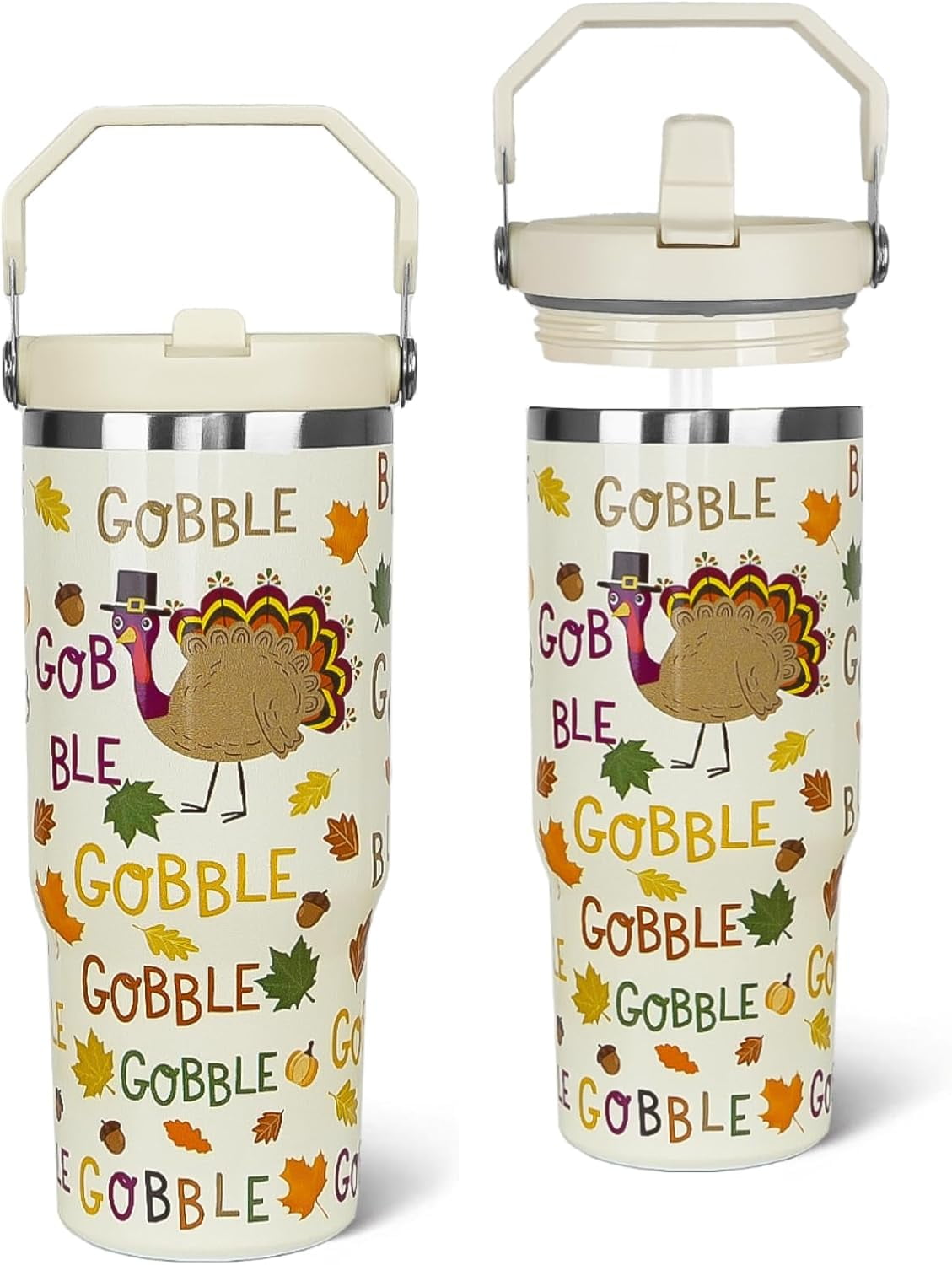 Thanksgiving Tumbler with Handle and Straw Maple Leaves Turkey Tumbler Insulated Stainless Steel Cup Coffee Travel Mug Fall Thanksgiving Gifts Decor-30 oz(1PCS)