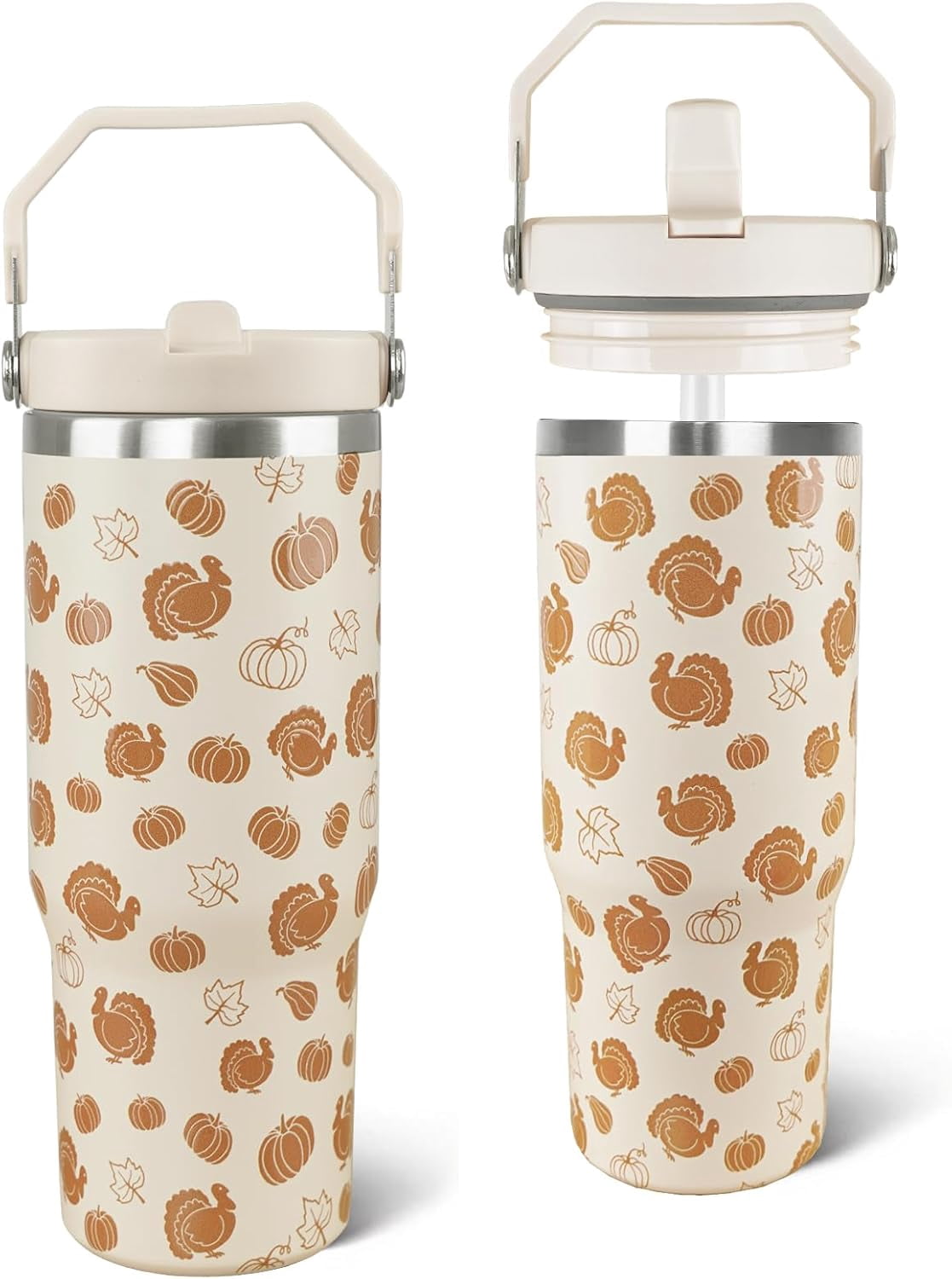 Thanksgiving Tumbler with Handle and Straw PrintTurkey Tumbler Insulated Stainless Steel Cup Coffee Travel Mug Fall Thanksgiving Gifts Decor-30 oz(1PCS)